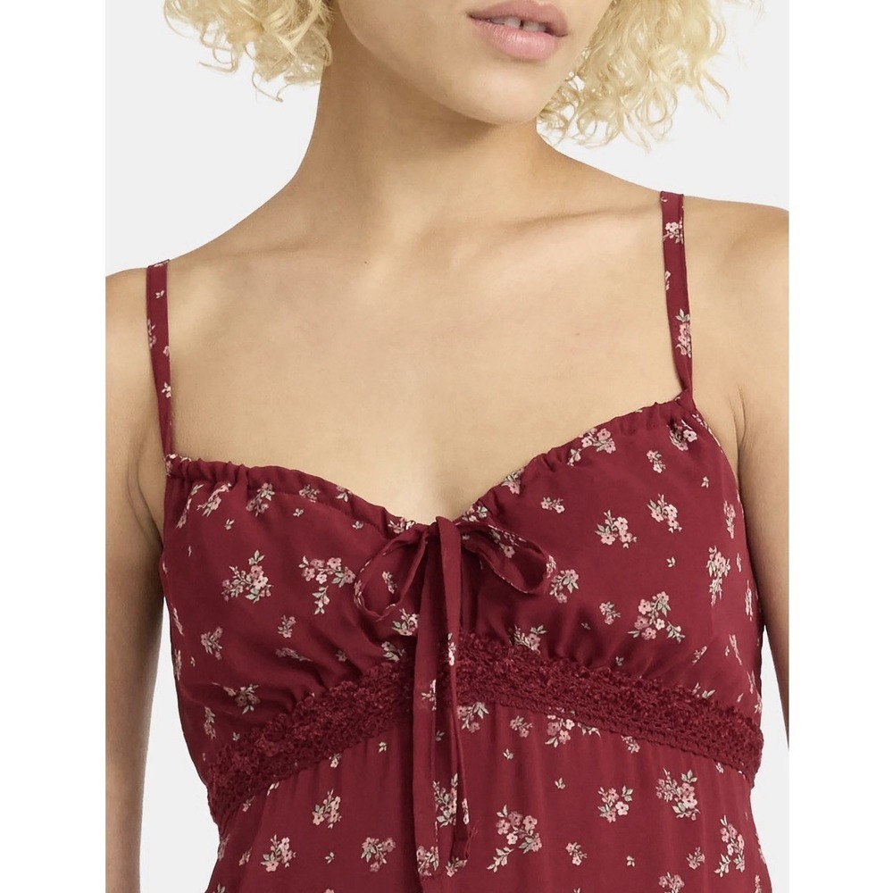No Boundaries Burgundy Floral Midi Dress Lace Trim Smocked Back Cottagecore Med - Picture 4 of 4